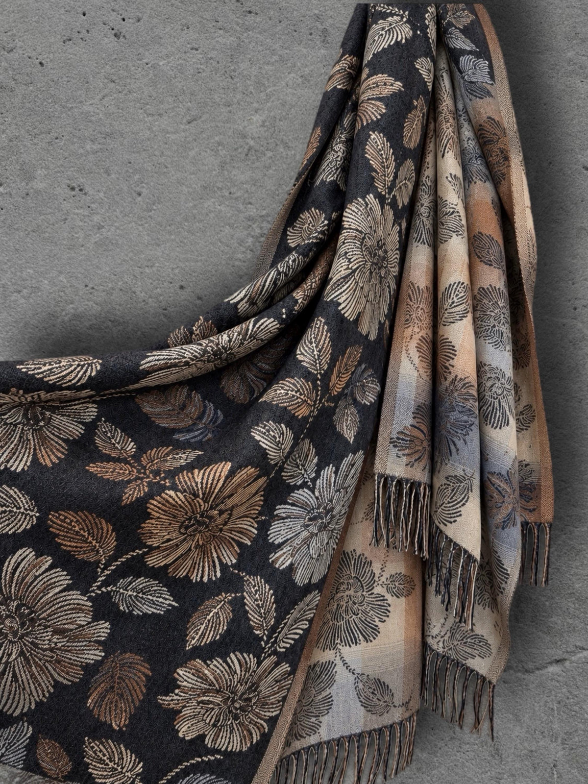 Reversible Black and Beige Floral Winter Scarf, Ultra Soft Shawl for Women, Botanical Pattern Wrap, Warm Gifts for Her