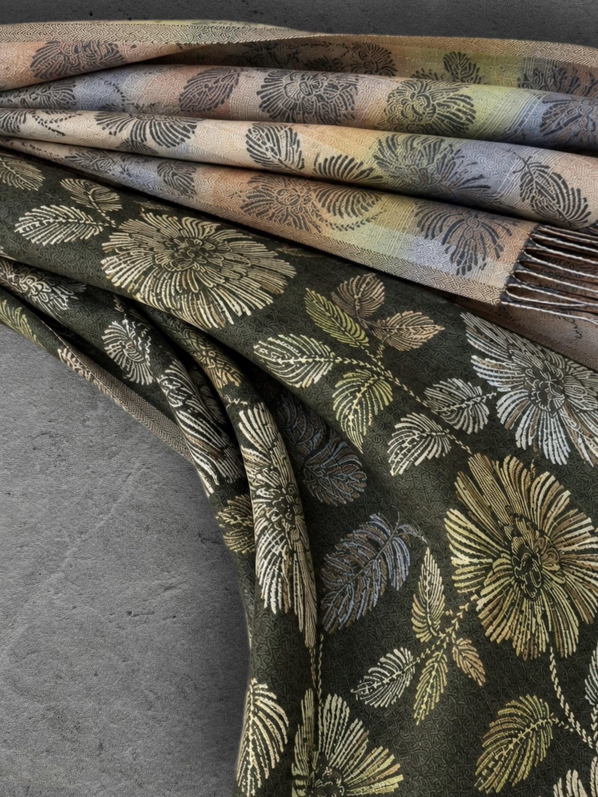 Reversible Olive Green Floral Winter Scarf, Beige Botanical Women Wrap, Ultra Soft Warm Shawl, Thoughtful Gifts for Her