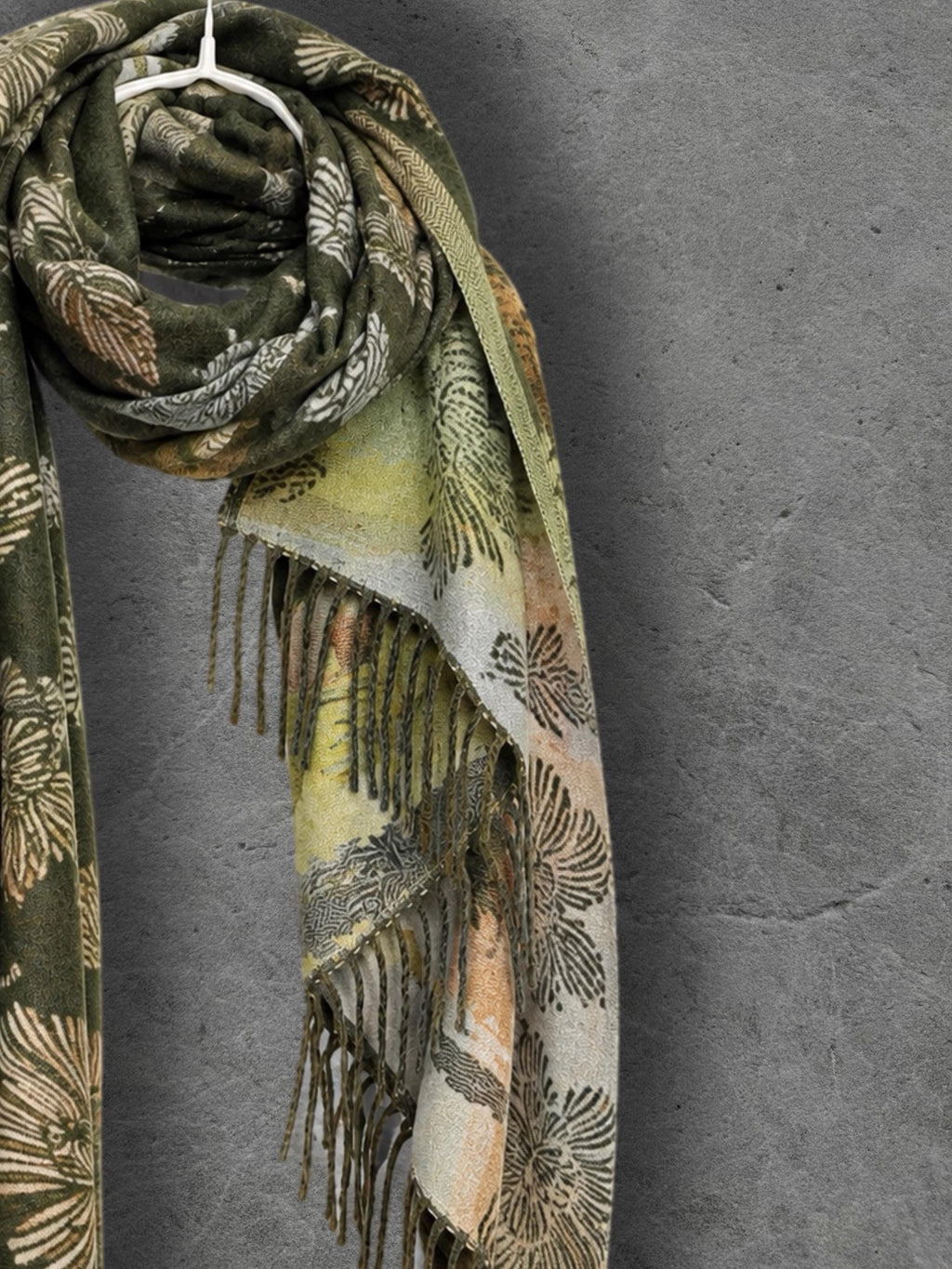 Reversible Olive Green Floral Winter Scarf, Beige Botanical Women Wrap, Ultra Soft Warm Shawl, Thoughtful Gifts for Her