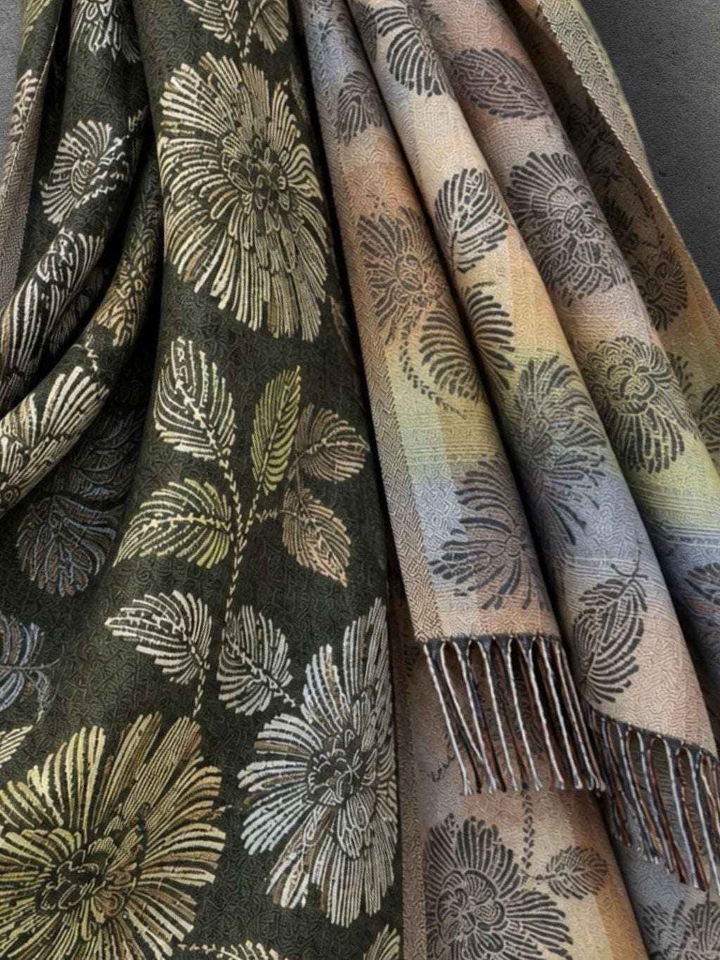 Reversible Olive Green Floral Winter Scarf, Beige Botanical Women Wrap, Ultra Soft Warm Shawl, Thoughtful Gifts for Her