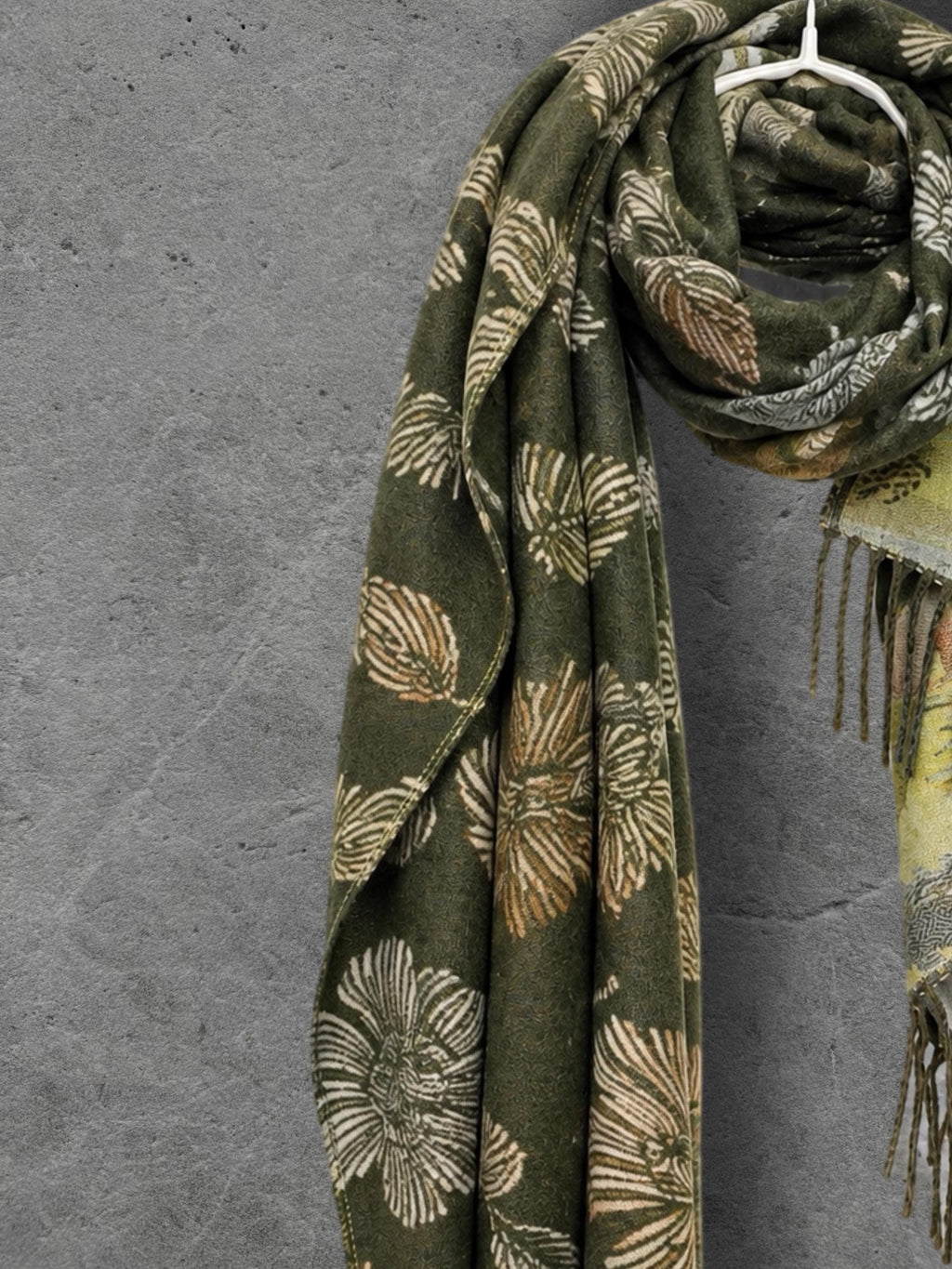 Reversible Olive Green Floral Winter Scarf, Beige Botanical Women Wrap, Ultra Soft Warm Shawl, Thoughtful Gifts for Her