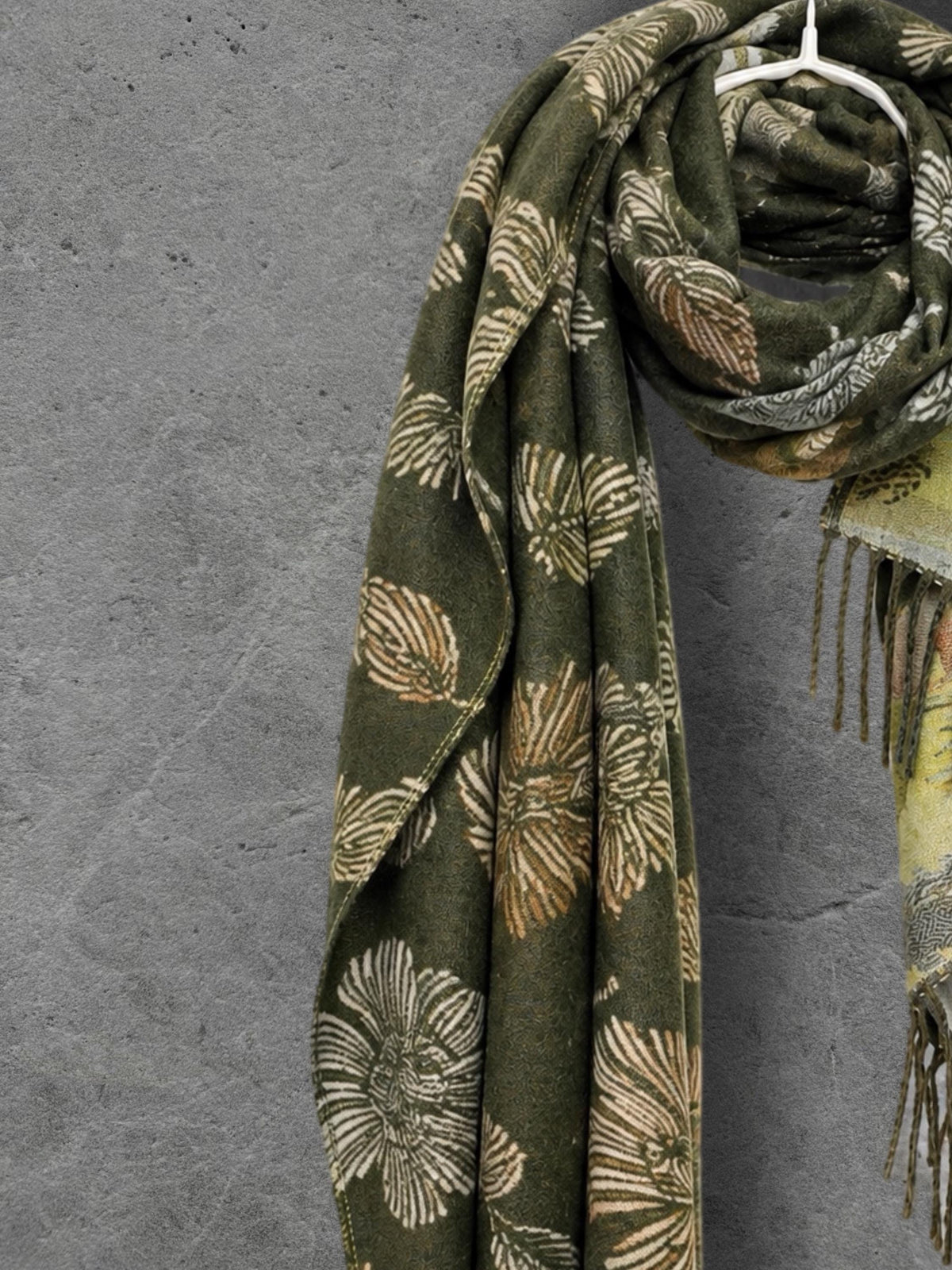 Reversible Olive Green Floral Winter Scarf, Beige Botanical Women Wrap, Ultra Soft Warm Shawl, Thoughtful Gifts for Her