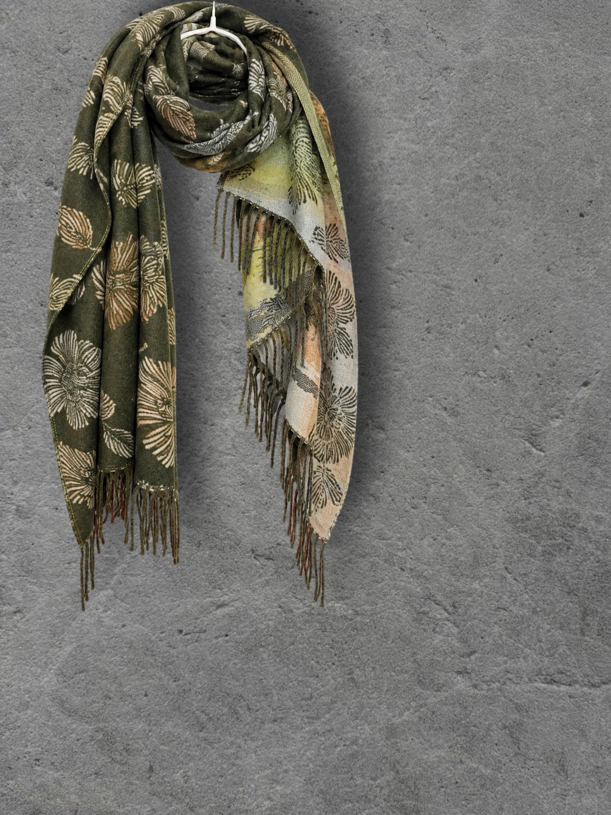 Reversible Olive Green Floral Winter Scarf, Beige Botanical Women Wrap, Ultra Soft Warm Shawl, Thoughtful Gifts for Her