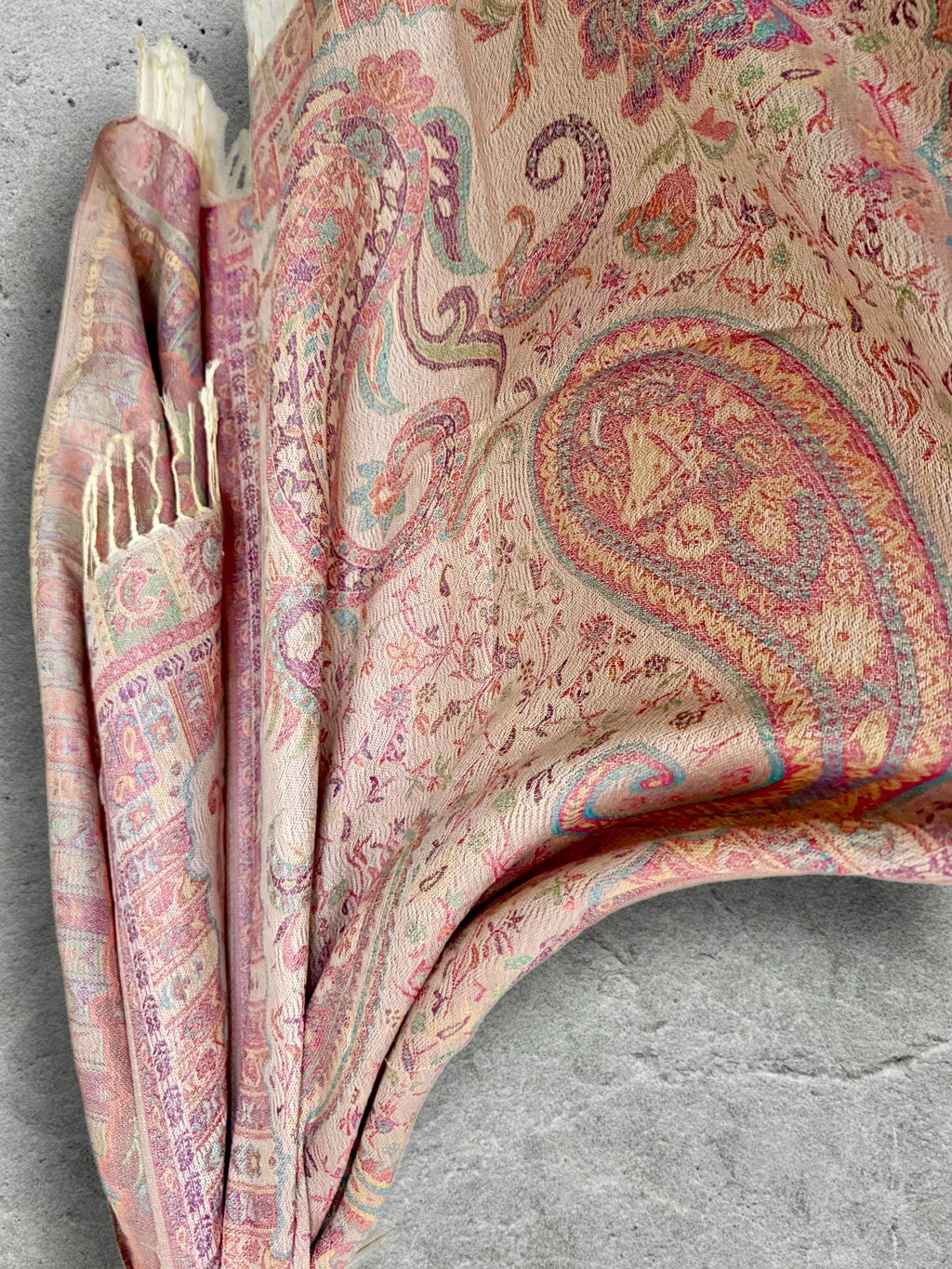 Cream Paisley Autumn Winter Scarf, Blush Pink Floral Cotton Viscose Shawl with Fringe for Women, Ideal Gifts for Her