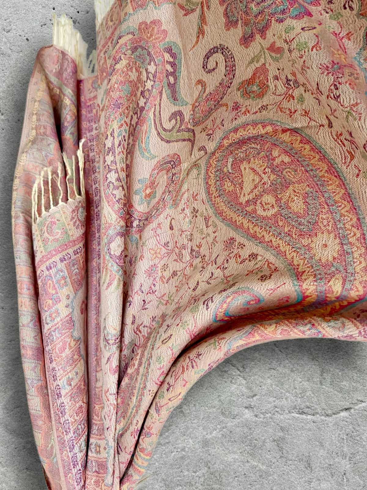 Cream Paisley Autumn Winter Scarf, Blush Pink Floral Cotton Viscose Shawl with Fringe for Women, Ideal Gifts for Her