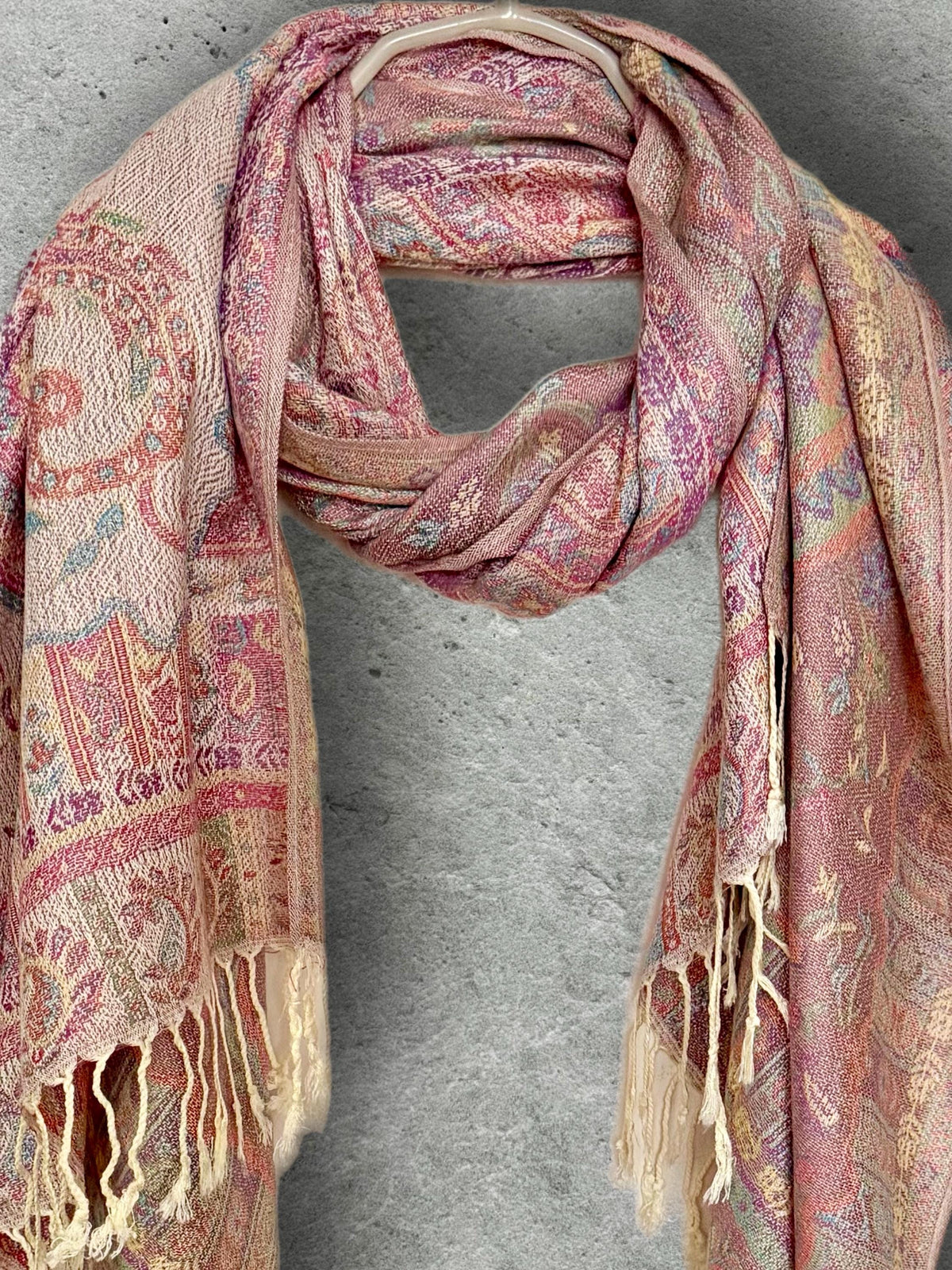 Cream Paisley Autumn Winter Scarf, Blush Pink Floral Cotton Viscose Shawl with Fringe for Women, Ideal Gifts for Her