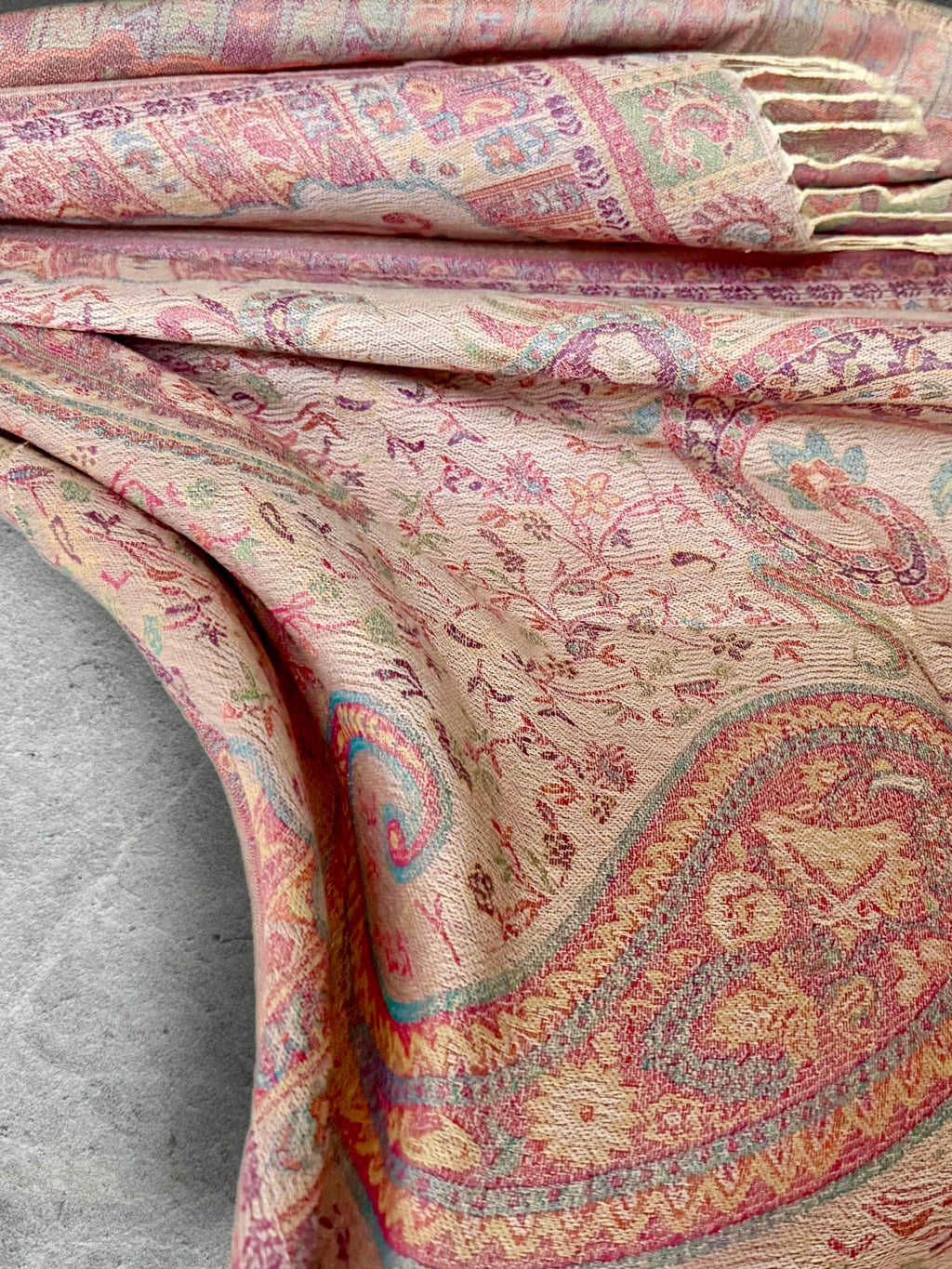 Cream Paisley Autumn Winter Scarf, Blush Pink Floral Cotton Viscose Shawl with Fringe for Women, Ideal Gifts for Her