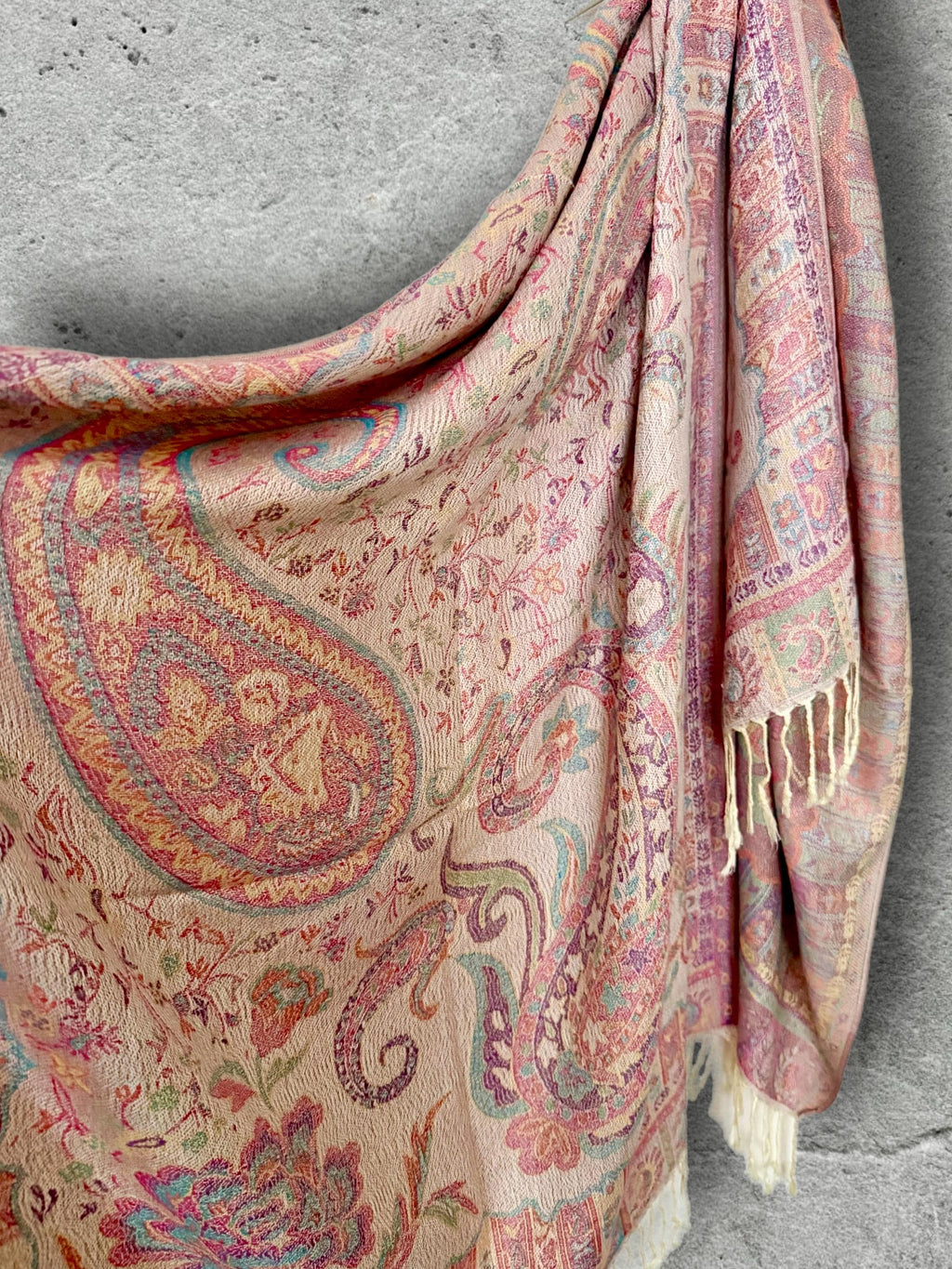 Cream Paisley Autumn Winter Scarf, Blush Pink Floral Cotton Viscose Shawl with Fringe for Women, Ideal Gifts for Her