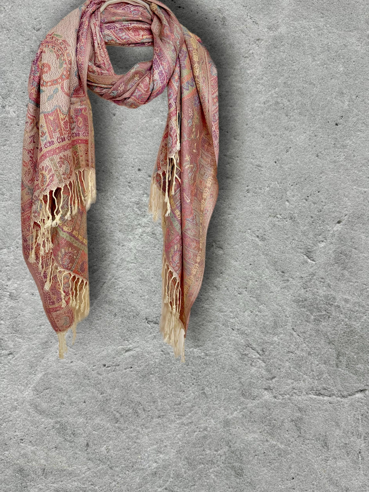 Cream Paisley Autumn Winter Scarf, Blush Pink Floral Cotton Viscose Shawl with Fringe for Women, Ideal Gifts for Her