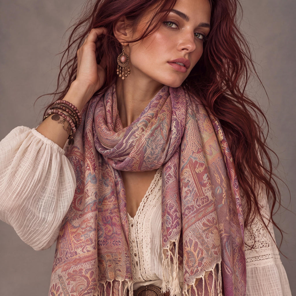 Cream Paisley Autumn Winter Scarf, Blush Pink Floral Cotton Viscose Shawl with Fringe for Women, Ideal Gifts for Her