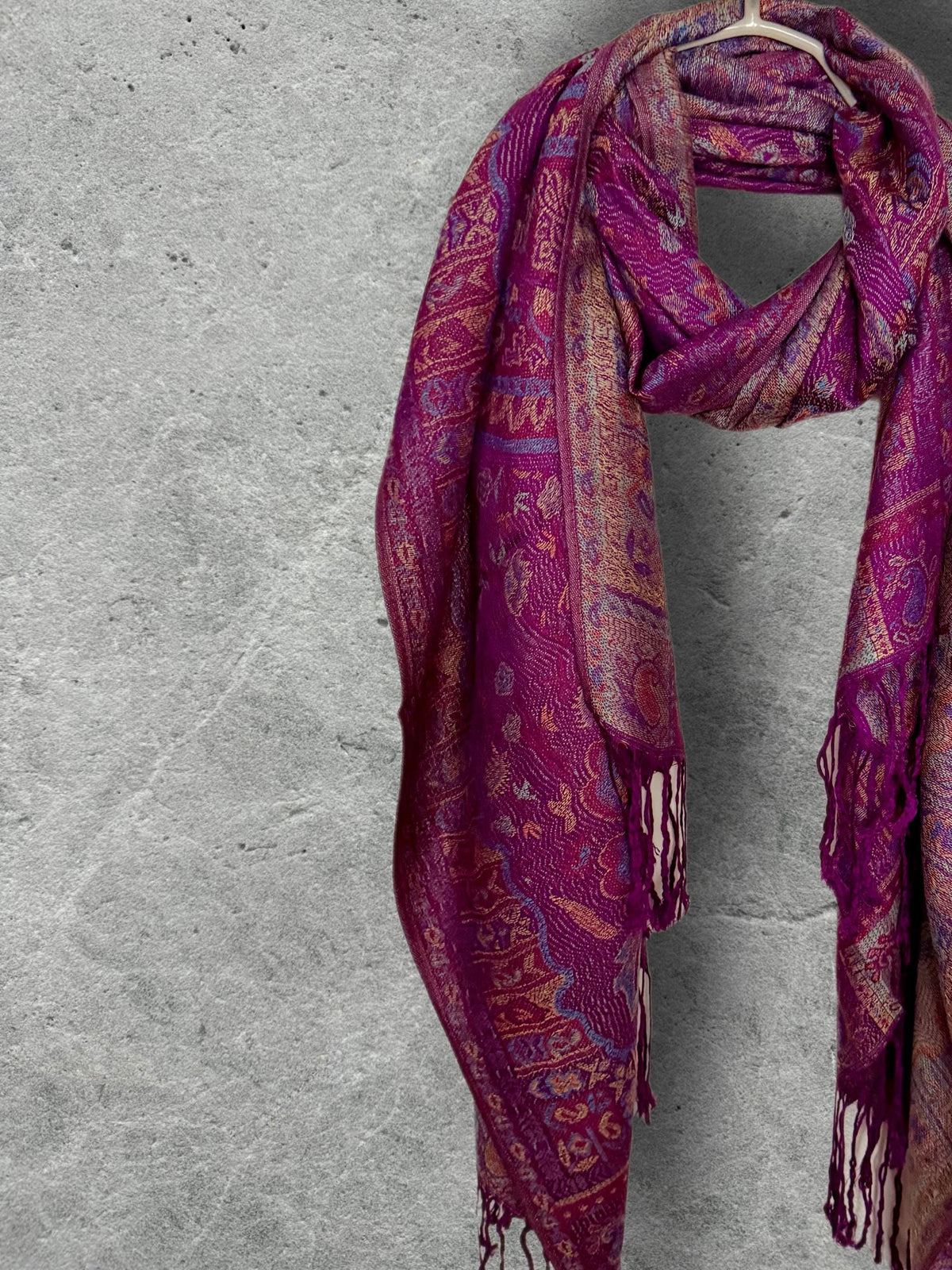 Magenta Paisley Scarf, Plum Floral Autumn Shawl in Cotton Viscose Blend with Fringed Edges, Ideal Gifts for Her