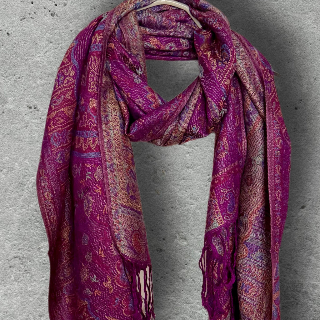 Magenta Paisley Scarf, Plum Floral Autumn Shawl in Cotton Viscose Blend with Fringed Edges, Ideal Gifts for Her