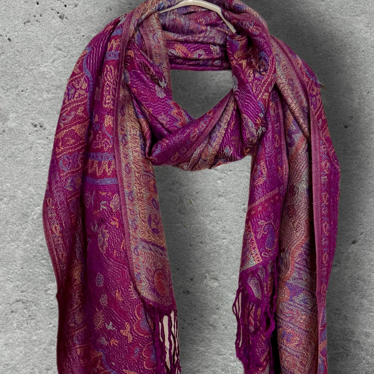 Magenta Paisley Scarf, Plum Floral Autumn Shawl in Cotton Viscose Blend with Fringed Edges, Ideal Gifts for Her