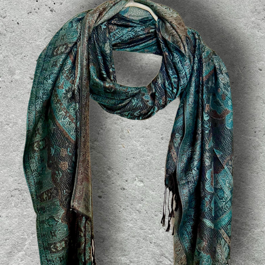 Dark Teal Green and Black Paisley Autumn Winter Scarf, Floral Shawl with Beige Details, Cotton Viscose Blend Wrap for Women