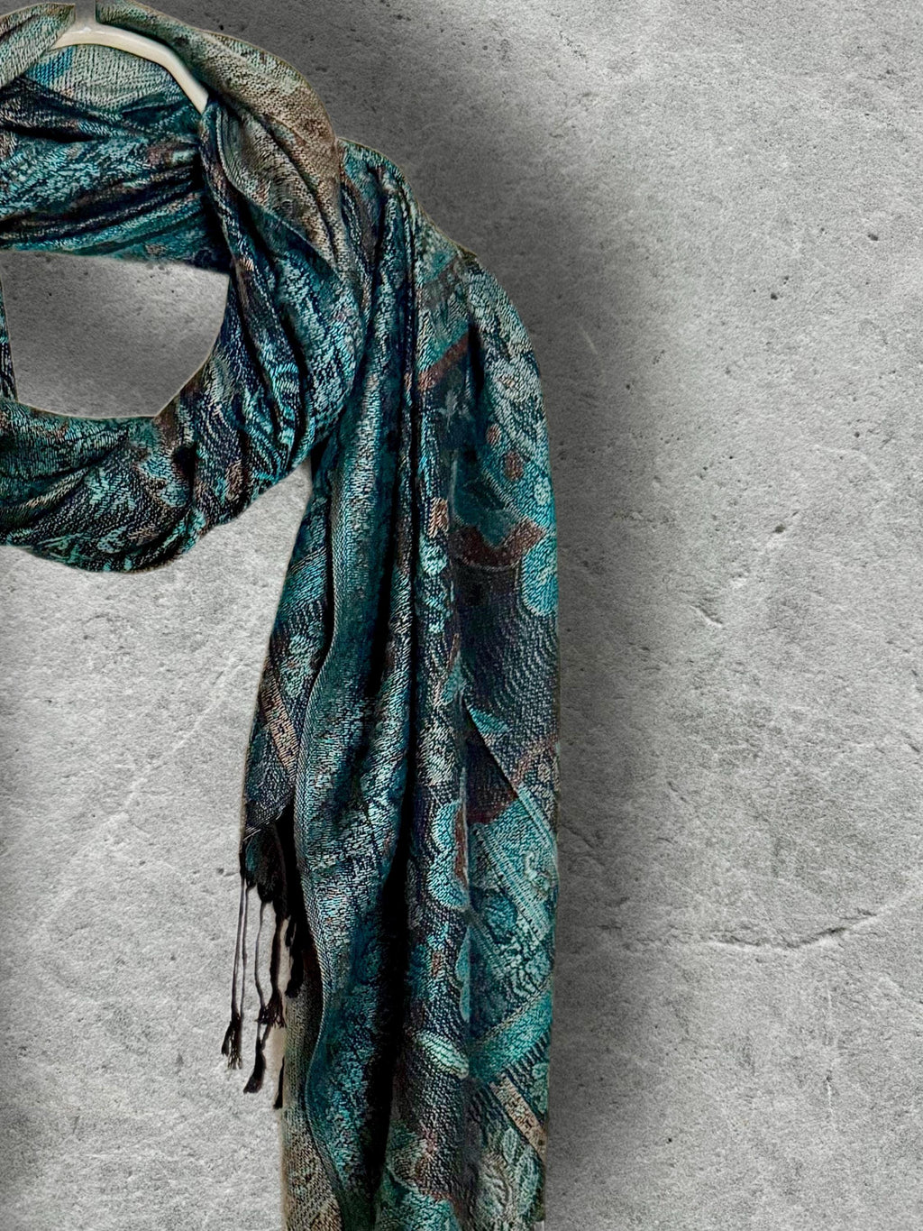Dark Teal Green and Black Paisley Autumn Winter Scarf, Floral Shawl with Beige Details, Cotton Viscose Blend Wrap for Women