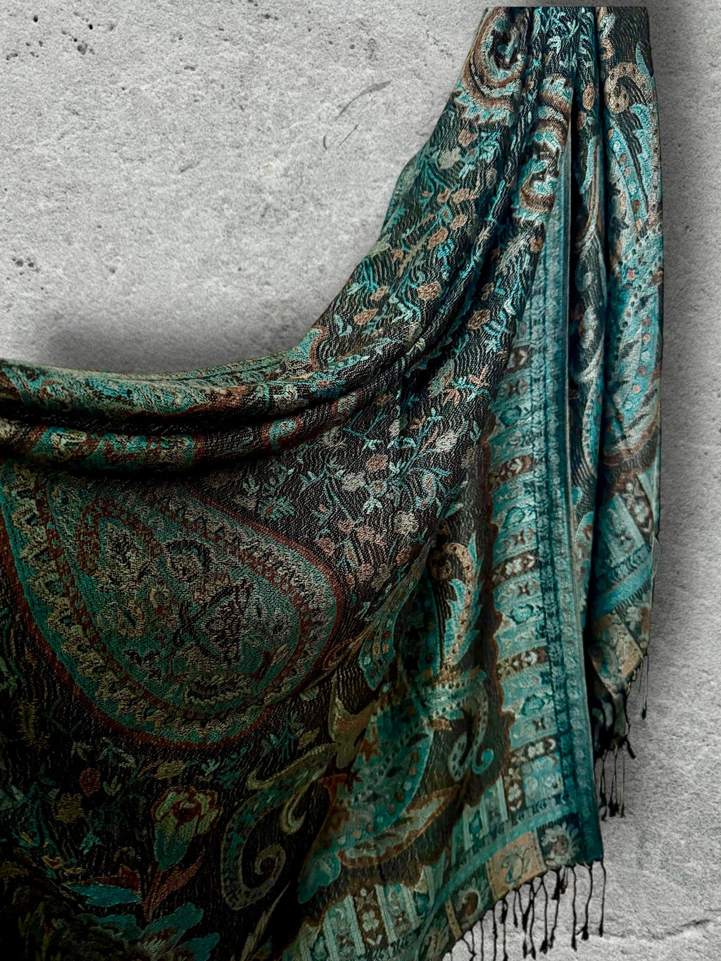 Dark Teal Green and Black Paisley Autumn Winter Scarf, Floral Shawl with Beige Details, Cotton Viscose Blend Wrap for Women