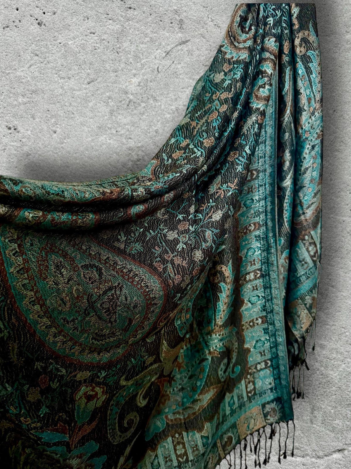 Dark Teal Green and Black Paisley Autumn Winter Scarf, Floral Shawl with Beige Details, Cotton Viscose Blend Wrap for Women