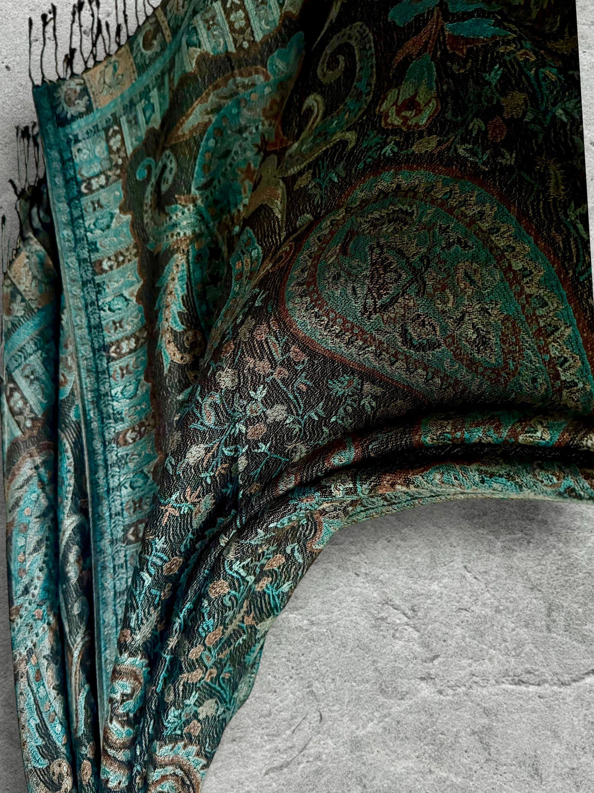 Dark Teal Green and Black Paisley Autumn Winter Scarf, Floral Shawl with Beige Details, Cotton Viscose Blend Wrap for Women