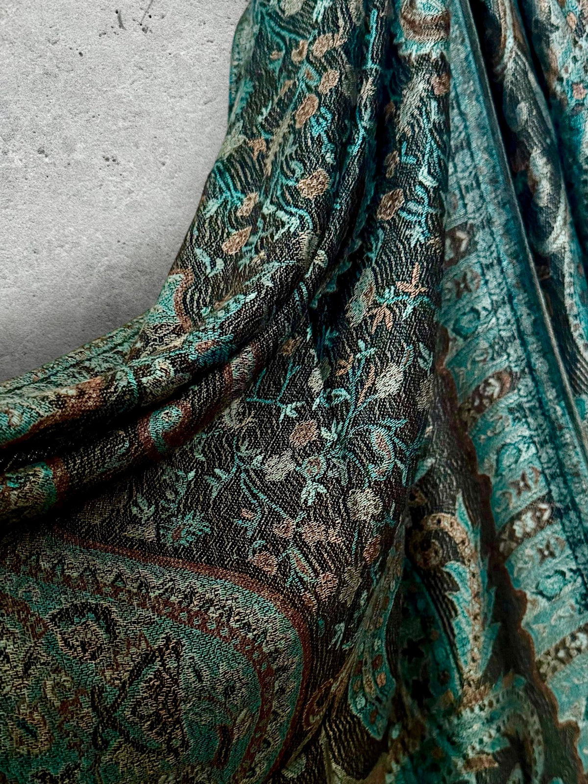 Dark Teal Green and Black Paisley Autumn Winter Scarf, Floral Shawl with Beige Details, Cotton Viscose Blend Wrap for Women