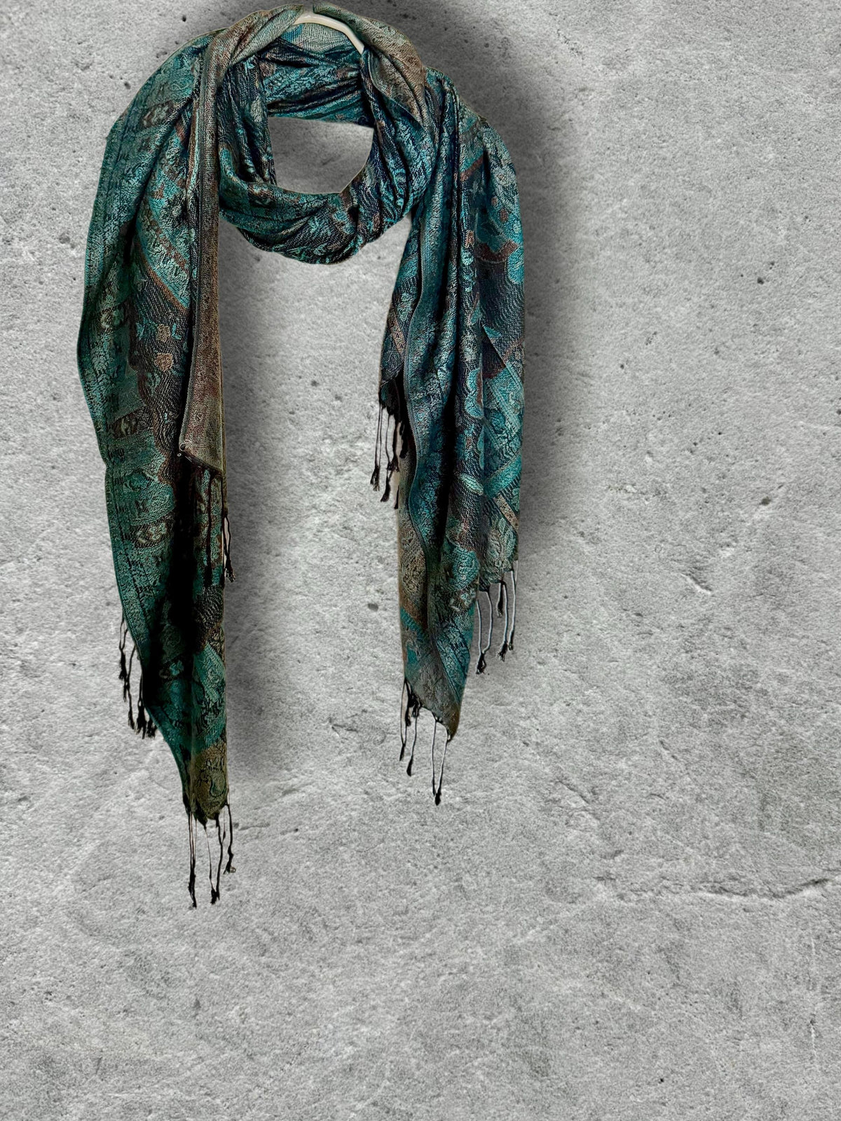 Dark Teal Green and Black Paisley Autumn Winter Scarf, Floral Shawl with Beige Details, Cotton Viscose Blend Wrap for Women