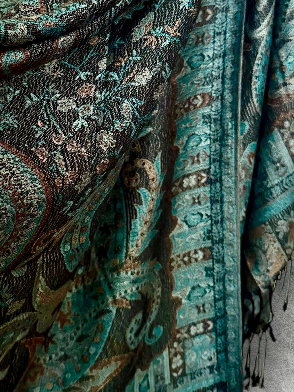 Dark Teal Green and Black Paisley Autumn Winter Scarf, Floral Shawl with Beige Details, Cotton Viscose Blend Wrap for Women