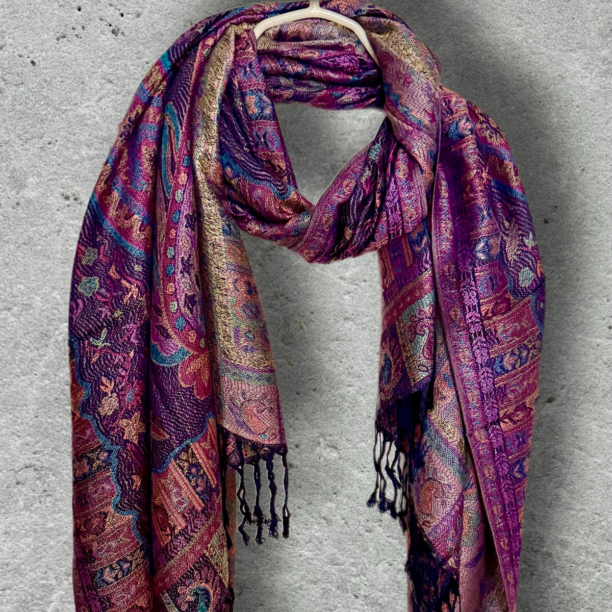 Deep Purple Paisley Autumn Winter Scarf, Burgundy Floral Cotton Viscose Wrap with Fringe for Women, Thoughtful Christmas Gifts for Her