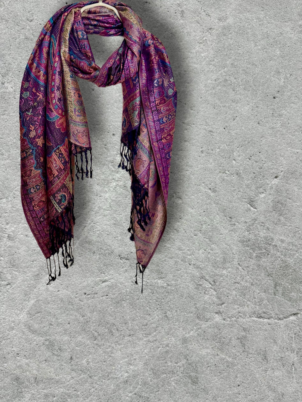 Deep Purple Paisley Autumn Winter Scarf, Burgundy Floral Cotton Viscose Wrap with Fringe for Women, Thoughtful Christmas Gifts for Her