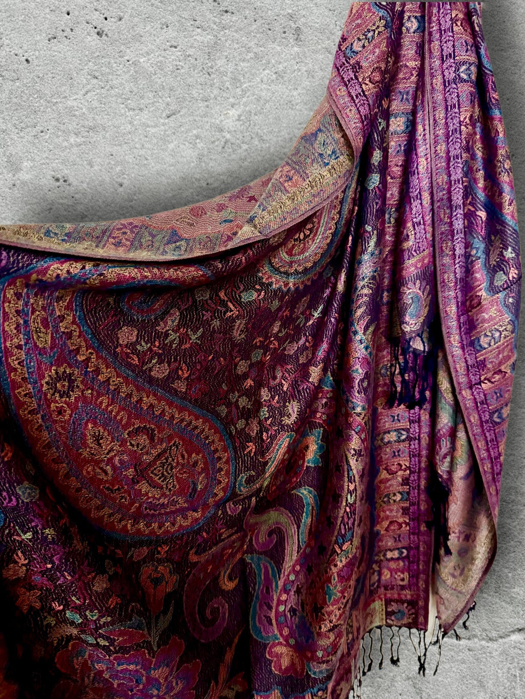 Deep Purple Paisley Autumn Winter Scarf, Burgundy Floral Cotton Viscose Wrap with Fringe for Women, Thoughtful Christmas Gifts for Her