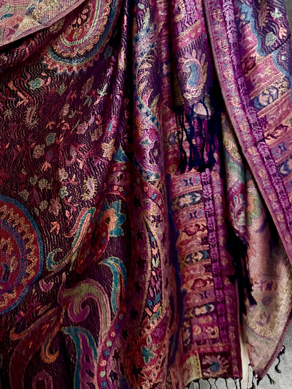 Deep Purple Paisley Autumn Winter Scarf, Burgundy Floral Cotton Viscose Wrap with Fringe for Women, Thoughtful Christmas Gifts for Her