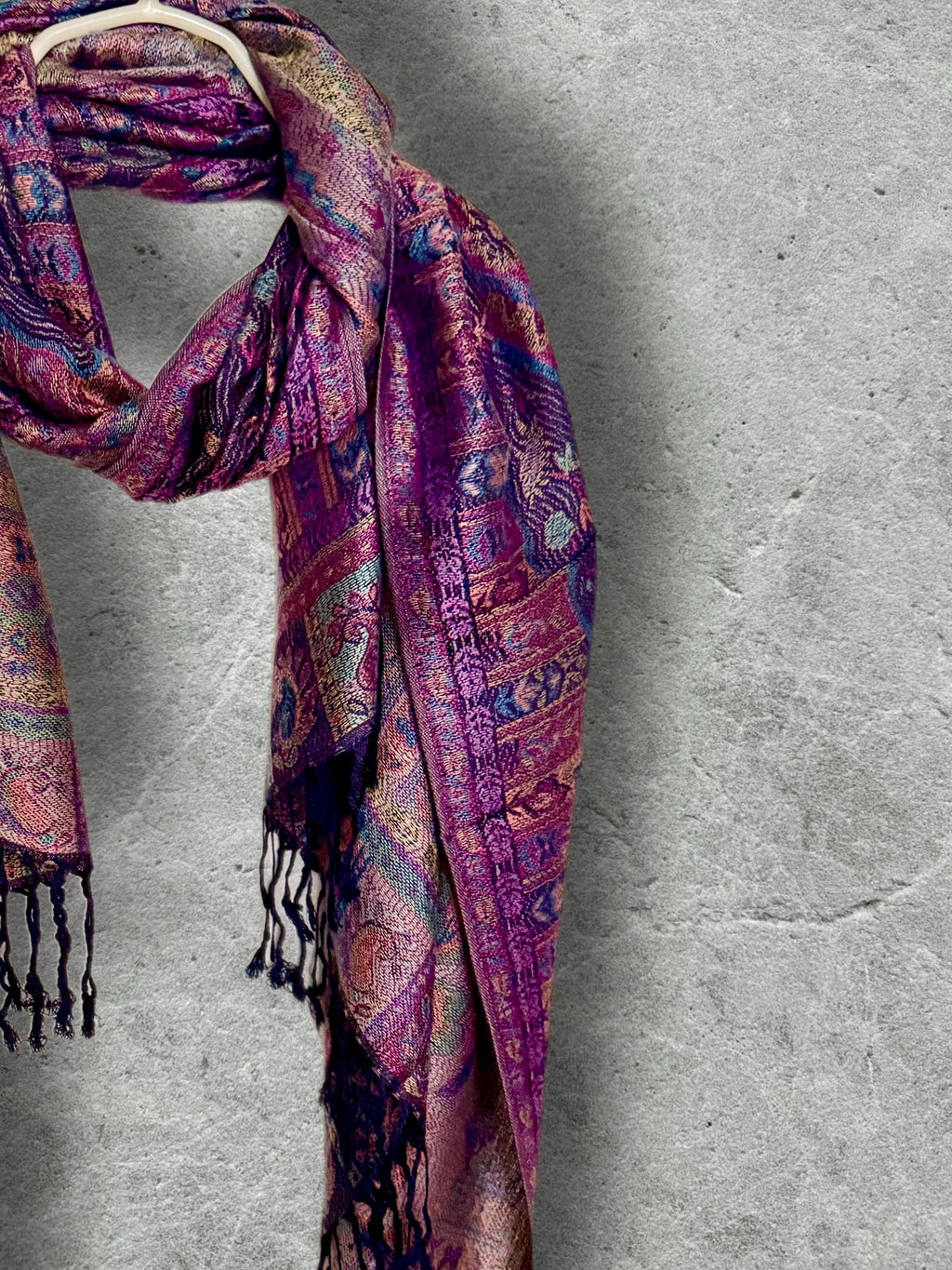 Deep Purple Paisley Autumn Winter Scarf, Burgundy Floral Cotton Viscose Wrap with Fringe for Women, Thoughtful Christmas Gifts for Her