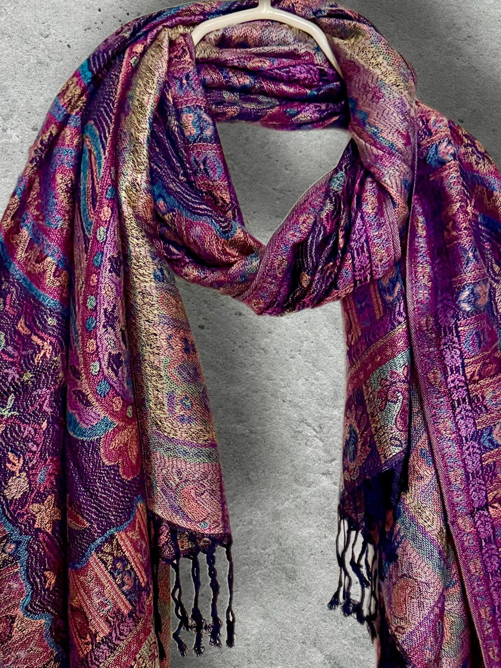 Deep Purple Paisley Autumn Winter Scarf, Burgundy Floral Cotton Viscose Wrap with Fringe for Women, Thoughtful Christmas Gifts for Her