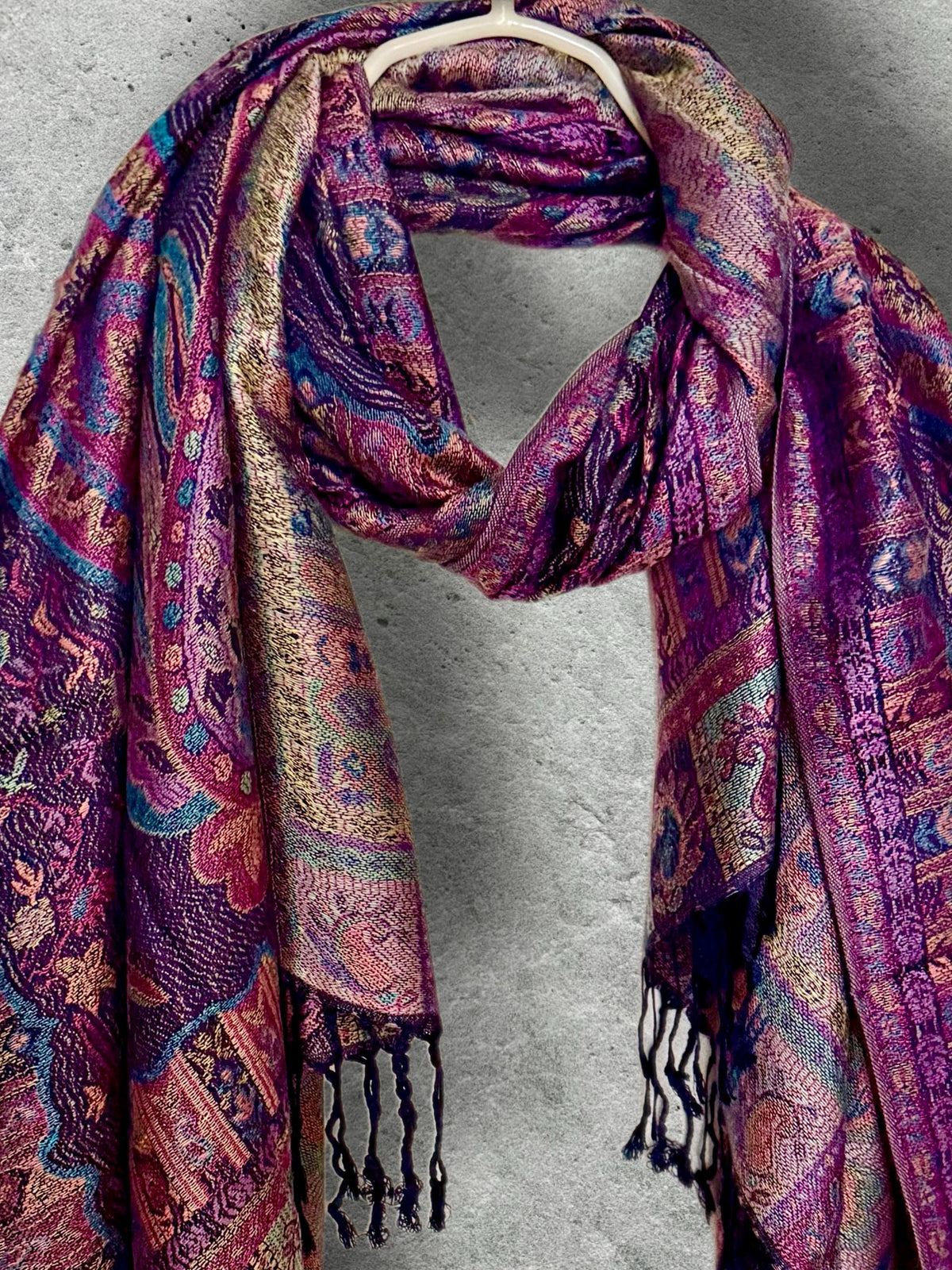 Deep Purple Paisley Autumn Winter Scarf, Burgundy Floral Cotton Viscose Wrap with Fringe for Women, Thoughtful Christmas Gifts for Her