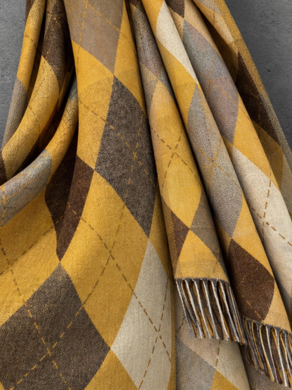 Mustard Argyle Reversible Winter Scarf, Yellow Brown Diamond Wrap, Soft Warm Fringe Shawl, Unisex Autumn Accessory