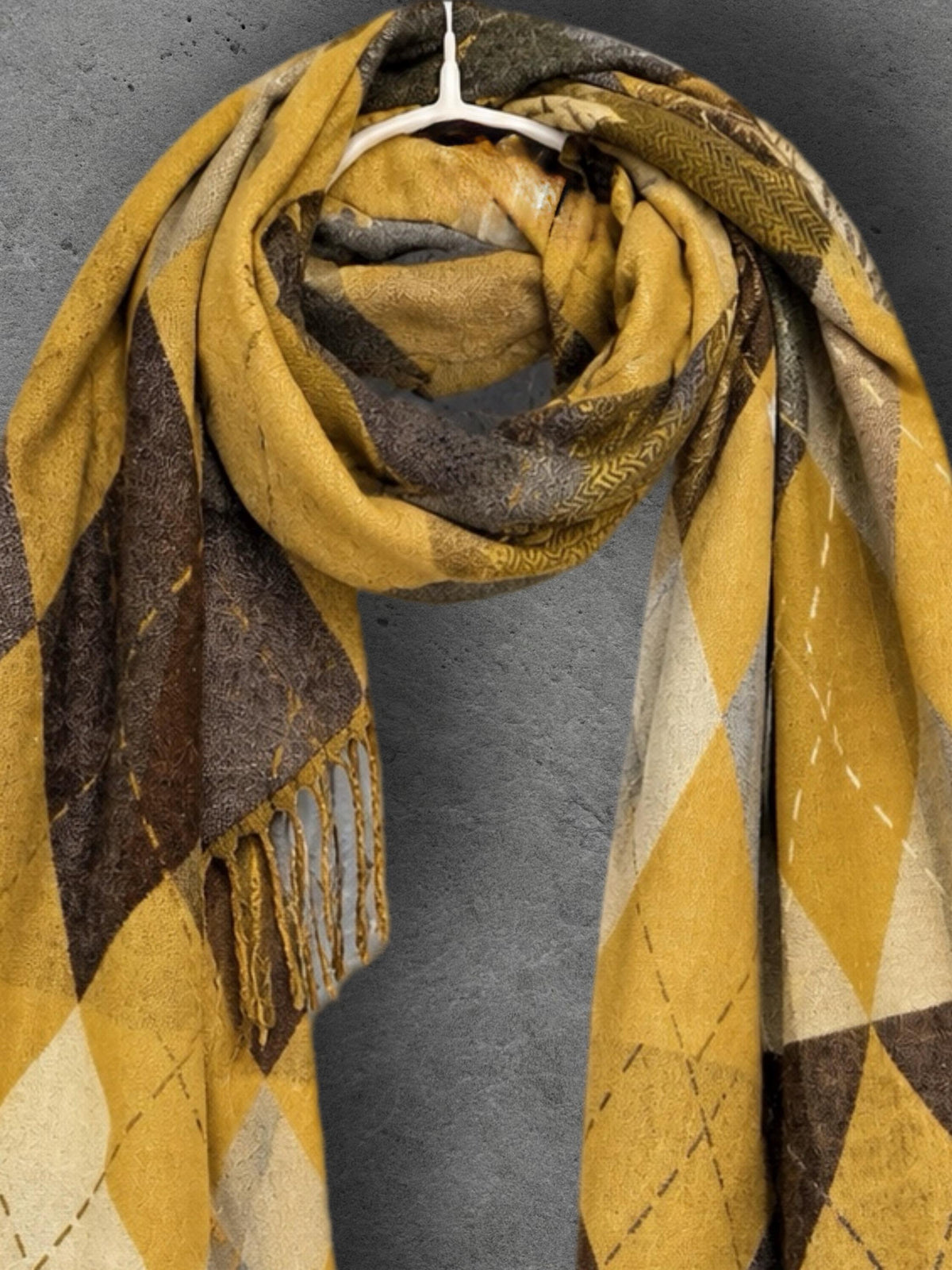 Mustard Argyle Reversible Winter Scarf, Yellow Brown Diamond Wrap, Soft Warm Fringe Shawl, Unisex Autumn Accessory