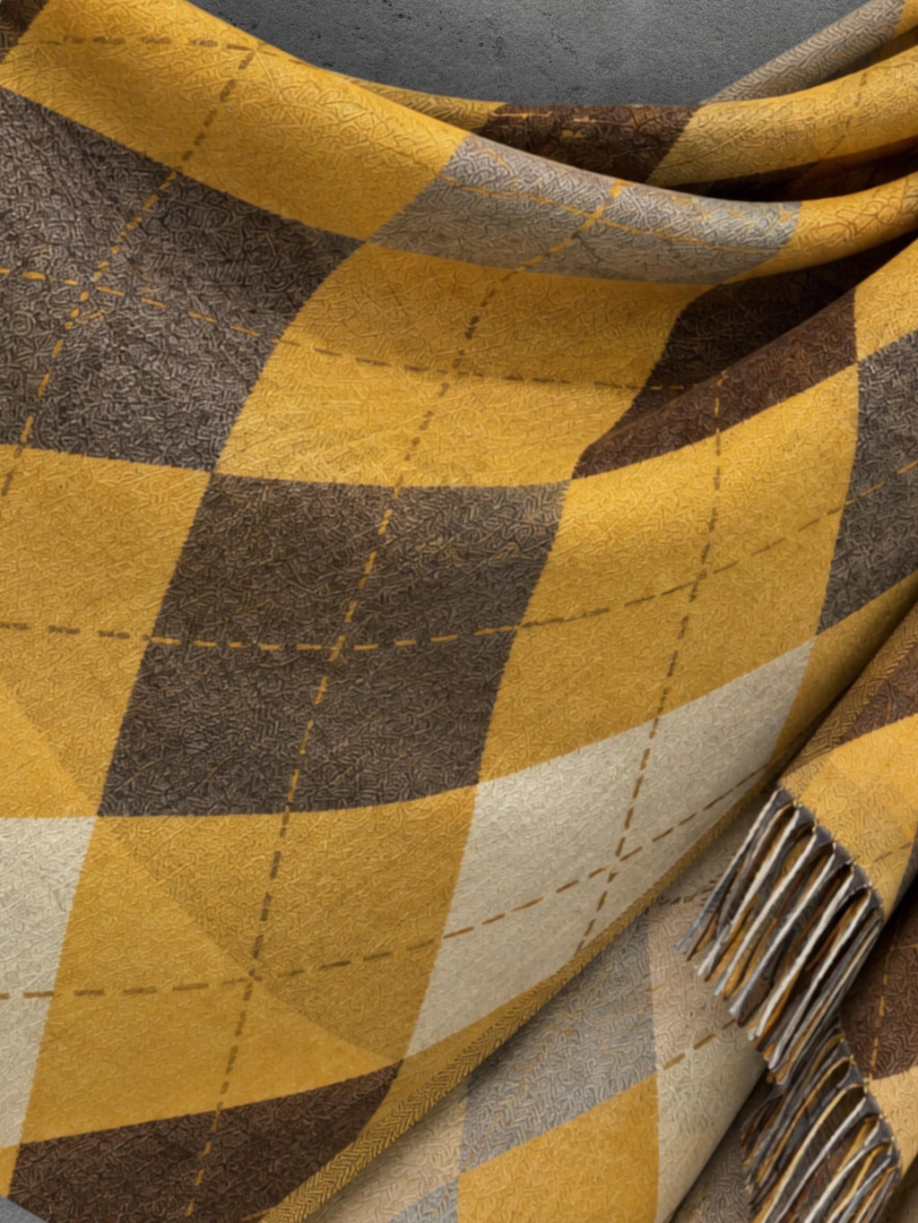 Mustard Argyle Reversible Winter Scarf, Yellow Brown Diamond Wrap, Soft Warm Fringe Shawl, Unisex Autumn Accessory