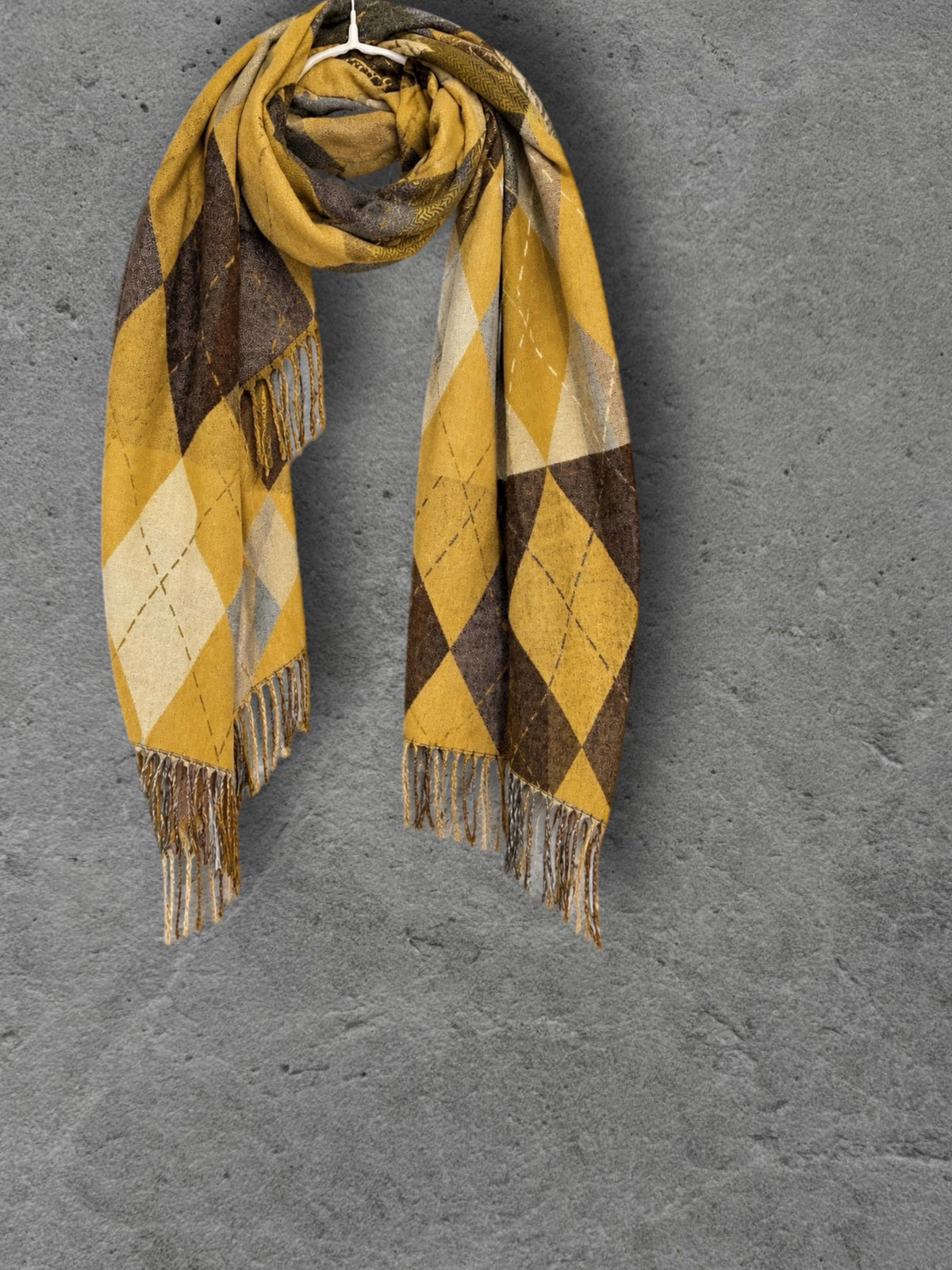 Mustard Argyle Reversible Winter Scarf, Yellow Brown Diamond Wrap, Soft Warm Fringe Shawl, Unisex Autumn Accessory