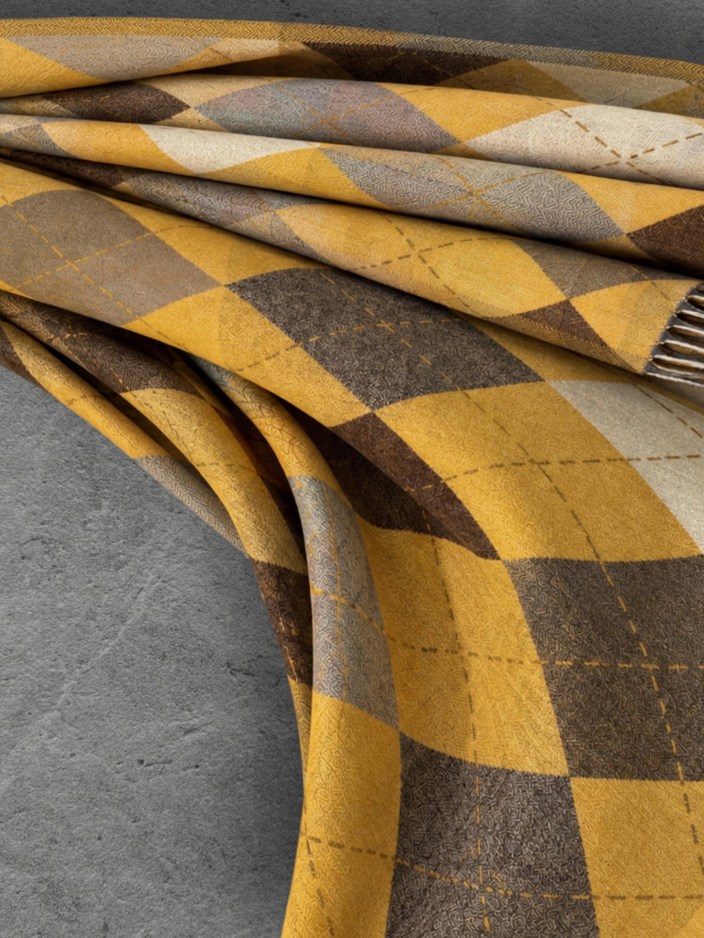 Mustard Argyle Reversible Winter Scarf, Yellow Brown Diamond Wrap, Soft Warm Fringe Shawl, Unisex Autumn Accessory