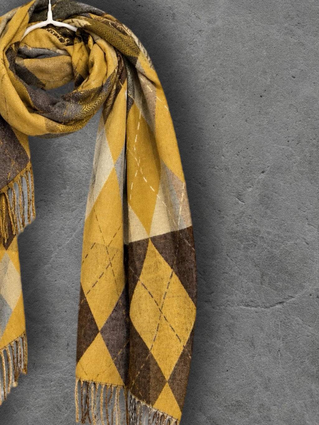 Mustard Argyle Reversible Winter Scarf, Yellow Brown Diamond Wrap, Soft Warm Fringe Shawl, Unisex Autumn Accessory