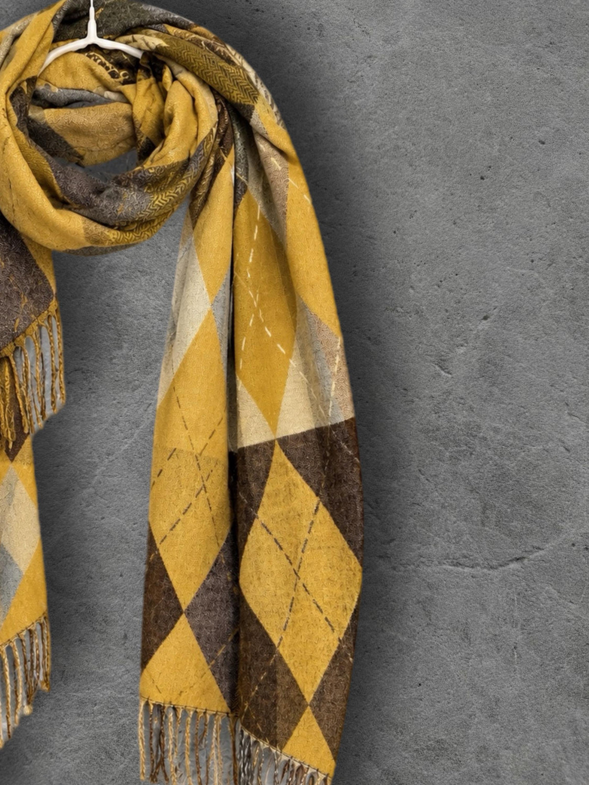 Mustard Argyle Reversible Winter Scarf, Yellow Brown Diamond Wrap, Soft Warm Fringe Shawl, Unisex Autumn Accessory
