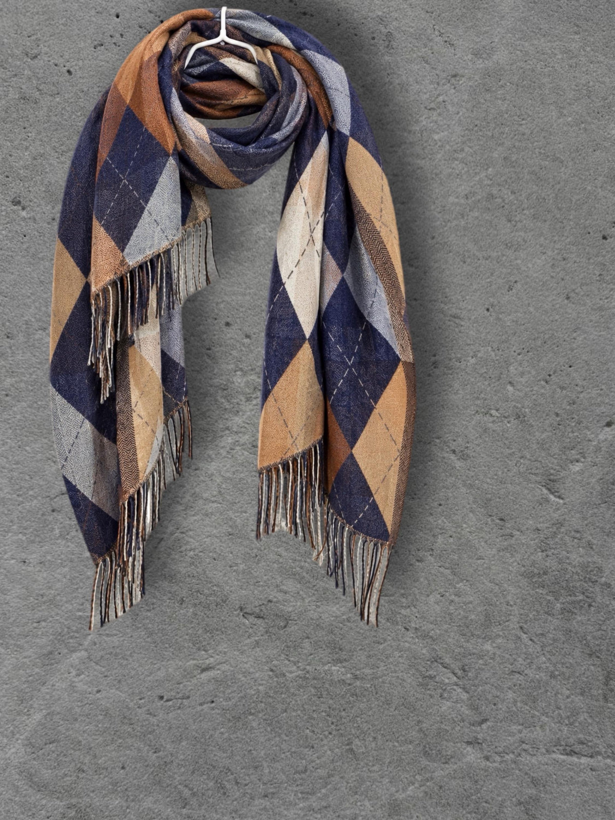 Navy Argyle Reversible Winter Scarf, Blue Camel Diamond Wrap, Soft Warm Fringe Shawl, Unisex Classic Accessory