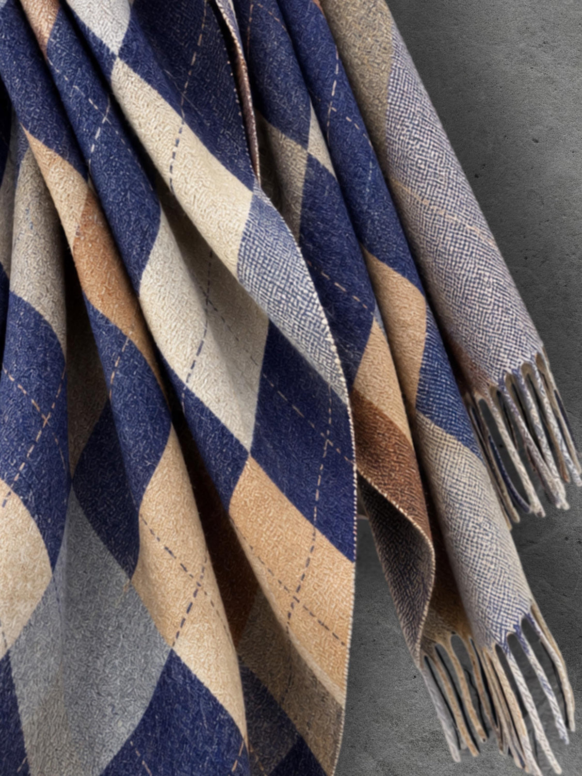 Navy Argyle Reversible Winter Scarf, Blue Camel Diamond Wrap, Soft Warm Fringe Shawl, Unisex Classic Accessory