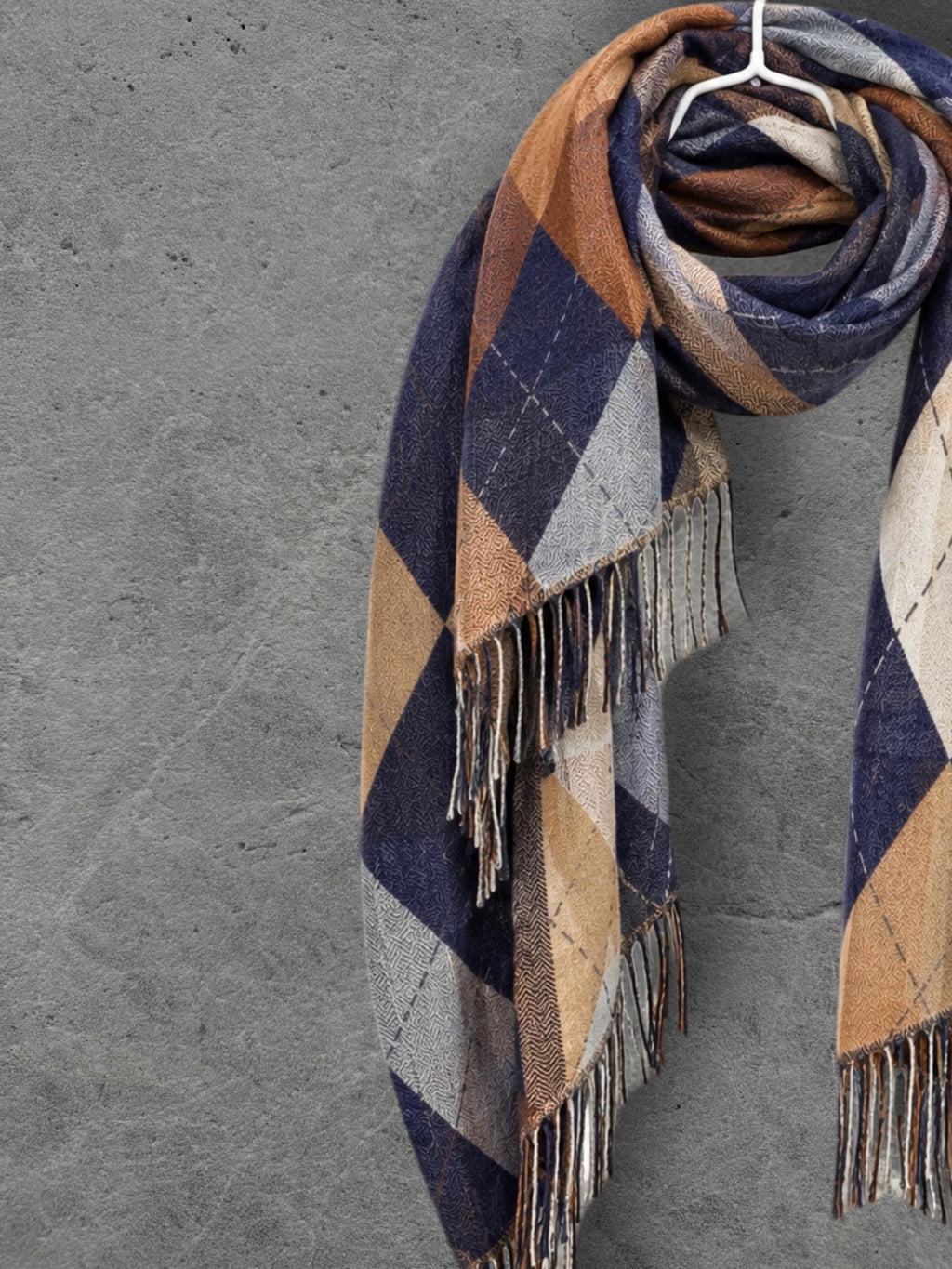Navy Argyle Reversible Winter Scarf, Blue Camel Diamond Wrap, Soft Warm Fringe Shawl, Unisex Classic Accessory