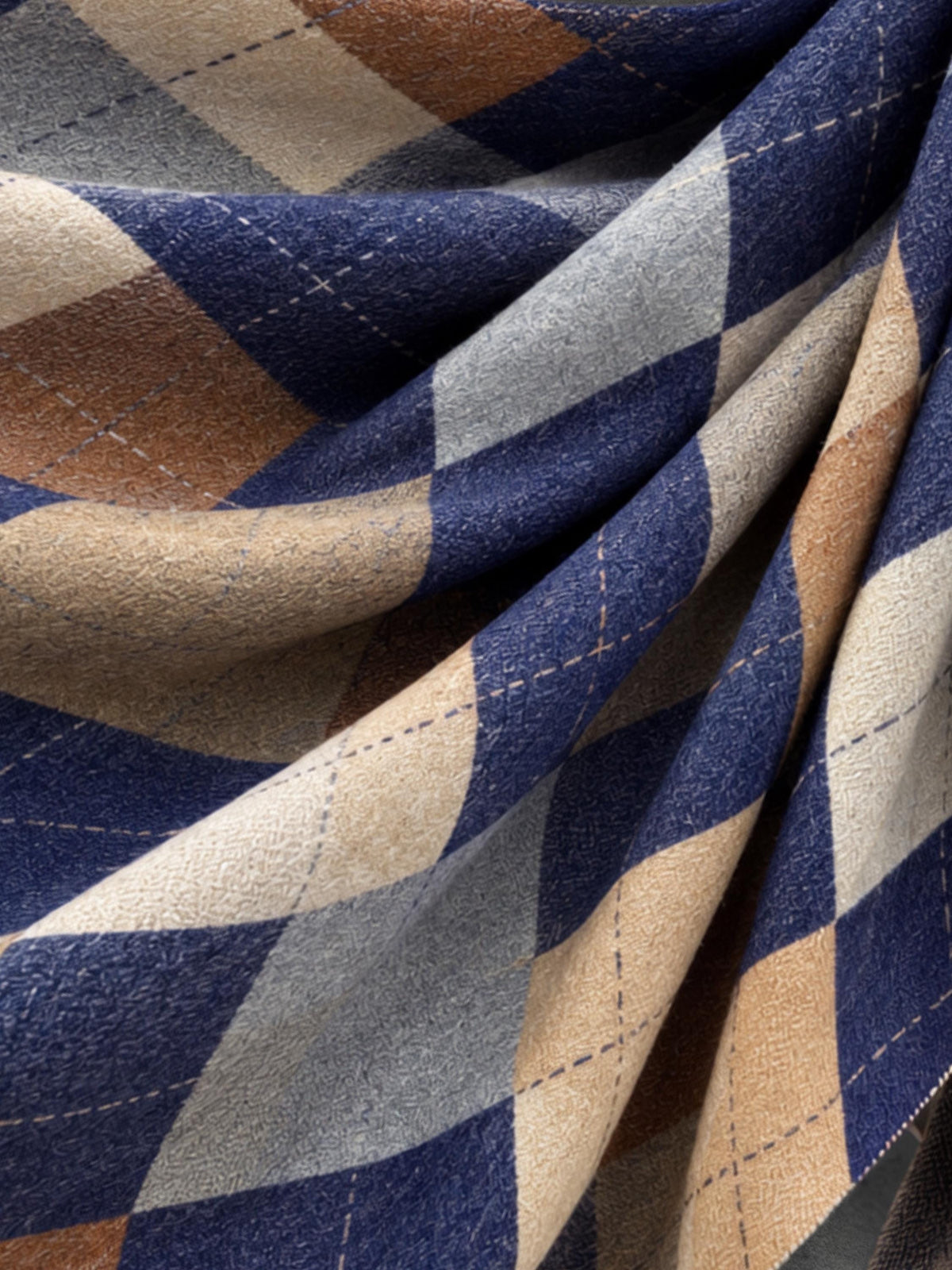 Navy Argyle Reversible Winter Scarf, Blue Camel Diamond Wrap, Soft Warm Fringe Shawl, Unisex Classic Accessory