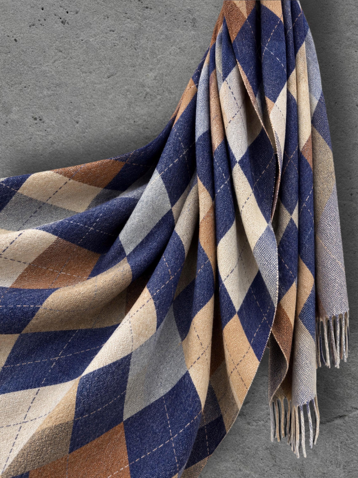Navy Argyle Reversible Winter Scarf, Blue Camel Diamond Wrap, Soft Warm Fringe Shawl, Unisex Classic Accessory