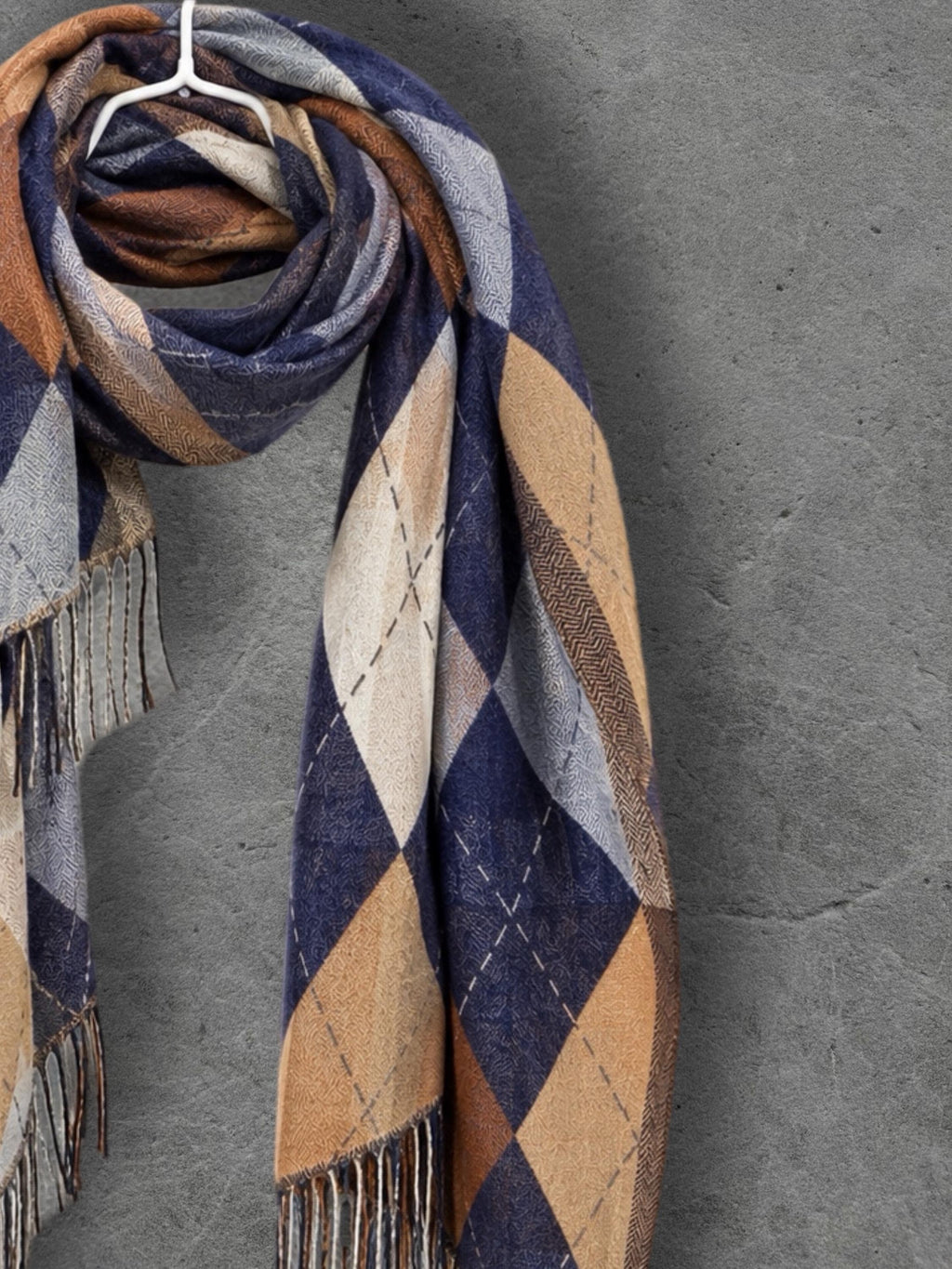 Navy Argyle Reversible Winter Scarf, Blue Camel Diamond Wrap, Soft Warm Fringe Shawl, Unisex Classic Accessory