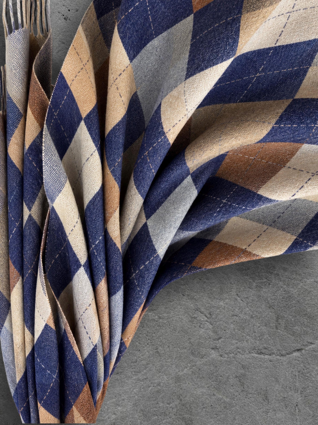 Navy Argyle Reversible Winter Scarf, Blue Camel Diamond Wrap, Soft Warm Fringe Shawl, Unisex Classic Accessory