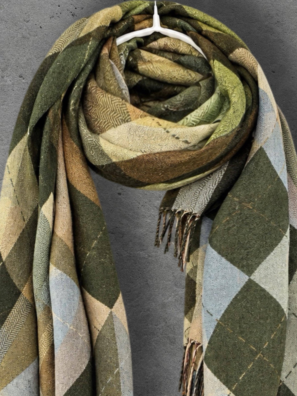 Green Argyle Reversible Winter Scarf, Olive Lime Diamond Wrap, Soft Warm Fringe Shawl, Unisex Boho Accessory