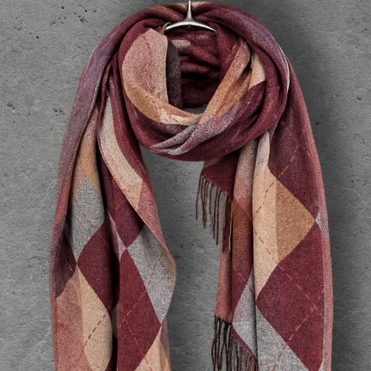 Burgundy Argyle Reversible Winter Scarf, Wine Navy Diamond Wrap, Soft Warm Fringe Shawl, Unisex Autumn Accessory