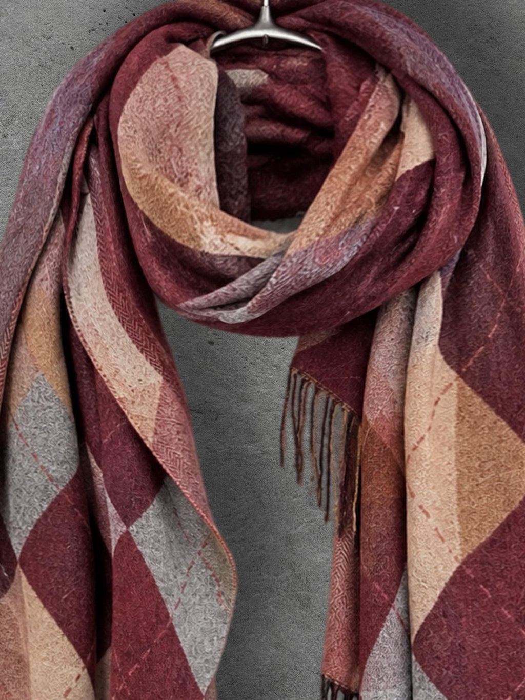 Burgundy Argyle Reversible Winter Scarf, Wine Navy Diamond Wrap, Soft Warm Fringe Shawl, Unisex Autumn Accessory