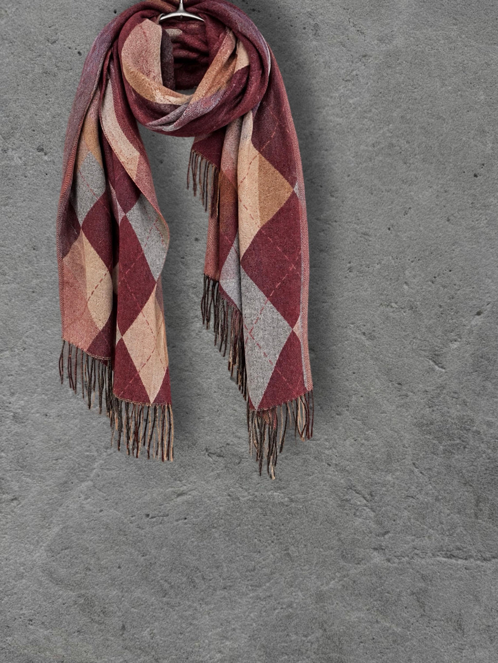 Burgundy Argyle Reversible Winter Scarf, Wine Navy Diamond Wrap, Soft Warm Fringe Shawl, Unisex Autumn Accessory